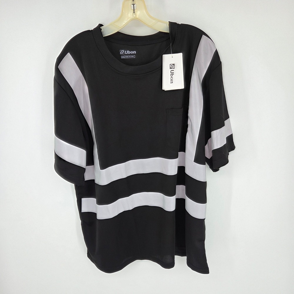 Ubon Mens 2XL Black Reflective Striped Safety Shirt Blue Collar NWT